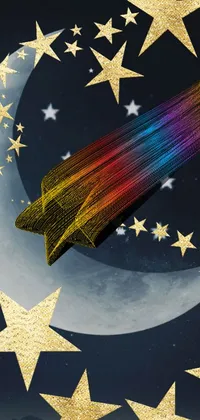 Enhance your phone's display with a mesmerizing live wallpaper featuring a space shuttle soaring over a moon and rainbow-colored stars