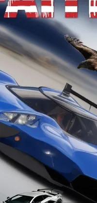This live wallpaper for your phone features a blue sports car with an eagle flying over it, all against a background inspired by a portrait
