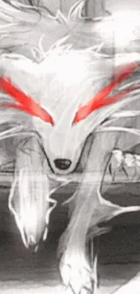 This phone live wallpaper depicts a fierce white wolf with striking red eyes, preparing for battle