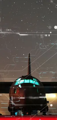 This phone live wallpaper portrays a large jetliner on an airport tarmac against a digital art scene with neon-lit skies