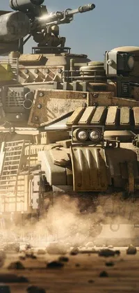 This phone live wallpaper depicts a tank in a warzone