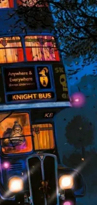 This phone live wallpaper showcases a charming painting of a double decker bus traversing through a busy city at night, offering a halloween-themed atmosphere which is evident through its finely detailed illustrations