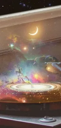 This live wallpaper is a stunning combination of a clock on a table by a window, space art, fantasy violin, airbrush painting, spinning records, and a night cityscape! Watch the clock tick while admiring the whimsical art and lively records' spin