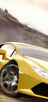 This is a beautiful live wallpaper for your phone, featuring a yellow sports car driving on a dirt road with a stunning countryside landscape in the background