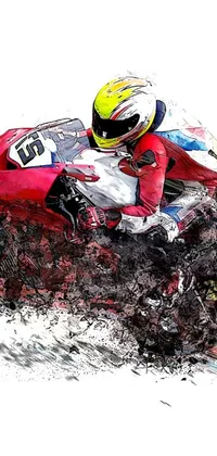 This live wallpaper for your phone depicts a man riding a red motorcycle in a bright, dynamic action painting style