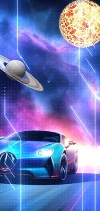 This phone live wallpaper features a mesmerizing scene of a car driving on a seemingly endless road against a cosmic backdrop