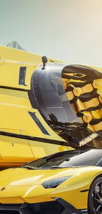 Experience the power and beauty of a yellow sports car parked next to a helicopter with this hyperrealistic live wallpaper