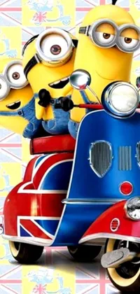 This fun live wallpaper features two lovable minions riding on a vibrant scooter adorned with the Union Jack flag, creating a playful British vibe