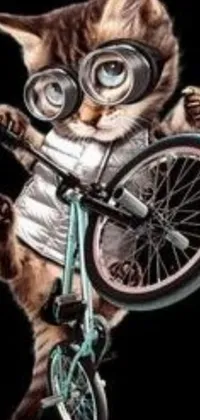 This fun and whimsical live wallpaper features a furry cat wearing glasses and riding a bicycle