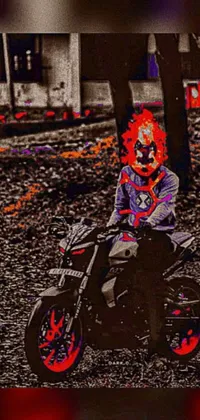 This vibrant and colorful live wallpaper features a clown riding on a motorcycle, with a unique colorized pop art effect