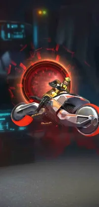 This futuristic phone live wallpaper showcases a thrilling scene of a person riding on the back of a motorcycle in a high-tech arena