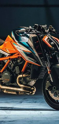 This phone live wallpaper showcases a hyperrealistic, close-up view of a powerful motorcycle parked in a garage