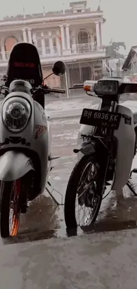 This live wallpaper features a stunning video of two sleek white motorcycles parked side-by-side in a rainy scene