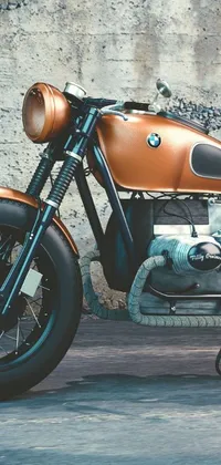 This phone live wallpaper showcases a hyperrealistic painting of a BMW motorcycle parked in front of a modern concrete wall