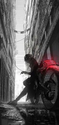 This live wallpaper displays a black and white photo of a woman on a motorcycle, set against a cyberpunk art style