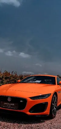 Discover a stunning live wallpaper featuring an orange sports car parked on a gravel lot