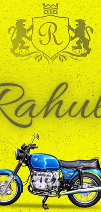 Add a unique touch of artistry to your smartphone with this lively blue motorcycle parked in front of a vibrant yellow wall