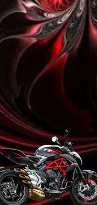 This dynamic live phone wallpaper showcases a striking motorbike parked perfectly in front of a brilliant red swirl, crafted by a masterful concept artist