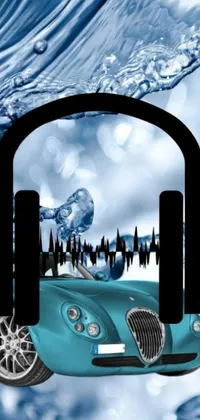 This mobile wallpaper features a vintage car with headphones on an album cover against a blue, icy backdrop