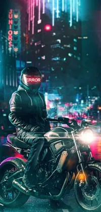 This live wallpaper features a cyberpunk motorcycle rider with a dark visor, racing through a vivid neon-lit cityscape at night