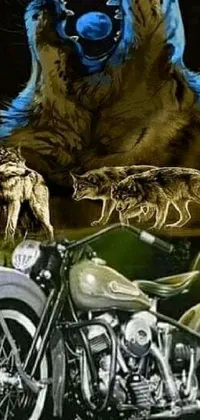 This live wallpaper displays a cute cat and bear on a motorcycle, in a style inspired by airbrush paintings and Wolf Huber