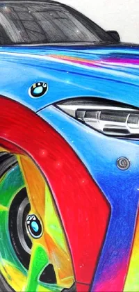 This live phone wallpaper features a colorful drawing of a BMW sports car, created with color pencils for a unique look