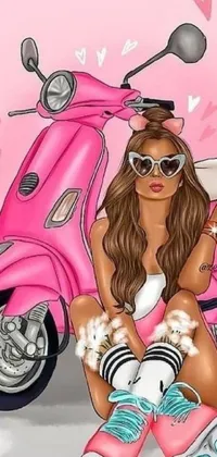 This vibrant live wallpaper showcases a cool woman riding a pink scooter