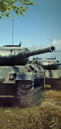 This live wallpaper features two military tanks in a photorealistic style, set against a backdrop of grass, insects and a flamingo