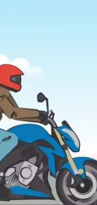 This phone live wallpaper features an animated cartoon of a man joyfully riding on a blue motorcycle during the fall season