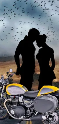 This live wallpaper for phones features a romantic scene of a man and a woman standing next to a stunning motorcycle