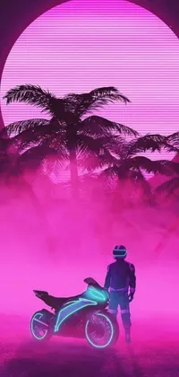 This phone live wallpaper boasts a vivid cyberpunk art depiction of a man near a souped-up motorbike, surrounded by soaring palm trees and set against an ethereal fog-drenched forest backdrop