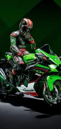 This live wallpaper features a stylish illustration of a man riding a green motorcycle while holding a shield and an axe