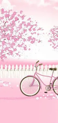 This stunning phone live wallpaper features a classic bicycle parked in front of a white picketed fence and surrounded by pink trees