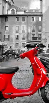 Get lost in the magical streets of Rome with this stunning live wallpaper for your phone featuring a vintage red scooter parked on a cobblestone street