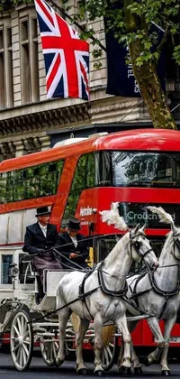 This phone live wallpaper showcases two majestic white horses pulling a red double decker bus