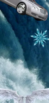 This mobile live wallpaper features a flying car and a snowflake set against a water torrent background with close-up waves
