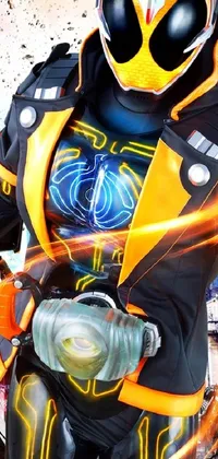 This out-of-this-world live wallpaper depicts a highly detailed close up of a motorbike rider, with a robotic Asuka suit and the yellow ranger