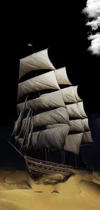 This phone live wallpaper showcases a magnificent sail boat sailing at night over a calm body of water