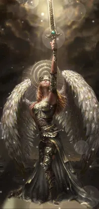 This mesmerizing live wallpaper depicts a fierce angel holding a sword in mid-battle, amidst a radiant halo of light