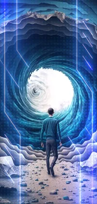 This dynamic phone live wallpaper features an otherworldly scene where a man is caught in a vortex in the middle of a tunnel