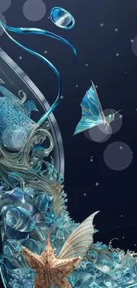 This mobile live wallpaper showcases a high-heeled shoe adorned with a starfish on a background of blue translucent jelly