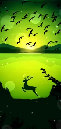This phone live wallpaper features a vector art deer jumping gracefully in the air against a calm lake background