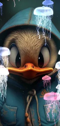 This phone live wallpaper features a charming image of a hoodie-wearing duck, captured in intricate digital art