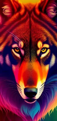 This phone wallpaper showcases a colorful and psychedelic vector art design, featuring a close-up of a wolf's face