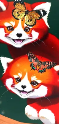 This live phone wallpaper showcases two cute red pandas with a butterfly on their head, designed in digital art style