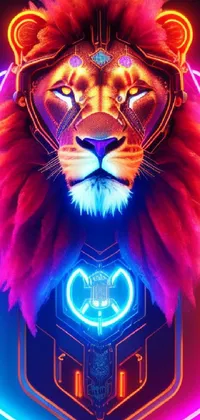 This live phone wallpaper features a close-up lion head with neon lights