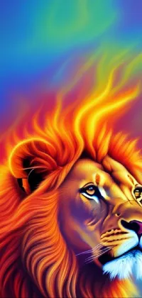 This phone live wallpaper depicts a colorful airbrush painting of a lion, a powerful symbol associated with nature deities