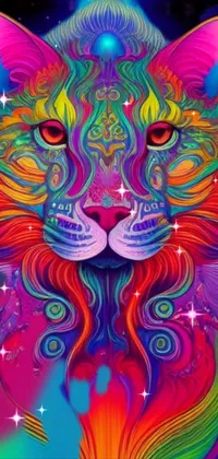 This lively and vibrant mobile wallpaper showcases a digital rendering of a cat with a trippy, psychedelic look on its face