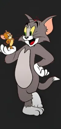 This phone live wallpaper showcases a cartoon cat holding a mouse, inspired by the classic cartoon show