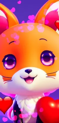 This phone live wallpaper showcases a beautiful cartoon fox holding a heart on a vibrant purple background